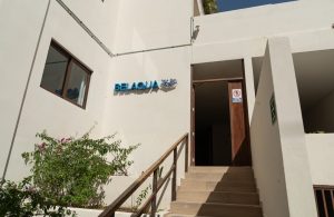 Modern beachfront hotel entrance at Mundaca Real Estate in Mexico.