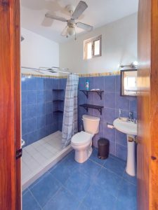 Small blue-tiled bathroom with shower, toilet, and sink in a cozy home. Isla Mujeres Mexico Property